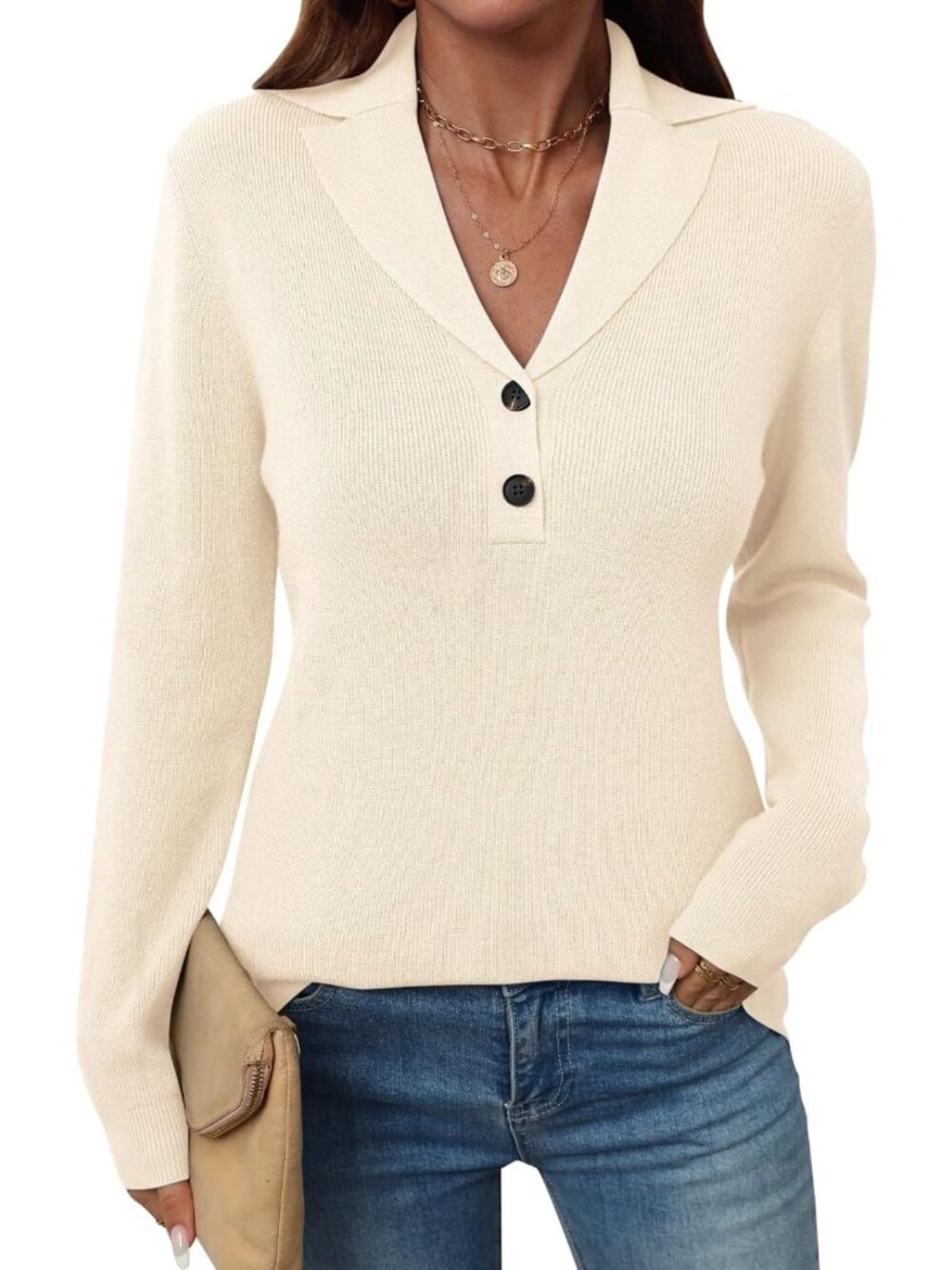 Cozy Long Sleeve V-Neck Button Sweater Pullover for Women - Stylish & Chic
